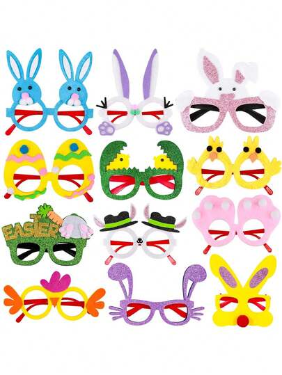 12pcs Easter Party Glasses Frame Bunny Ears Chick Egg Glasses Easter Party Decorations, Easter Photo Booth Props Basket Filler Suitable For Kids And Adults Birthday Gifts