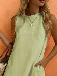 Vestido de mujer con diseño de estrella de mar, cuello redondo, sin mangas, de estilo minimalista y elegante en color caqui, adecuado para el uso diario en primavera y verano - Verde - Ver 5