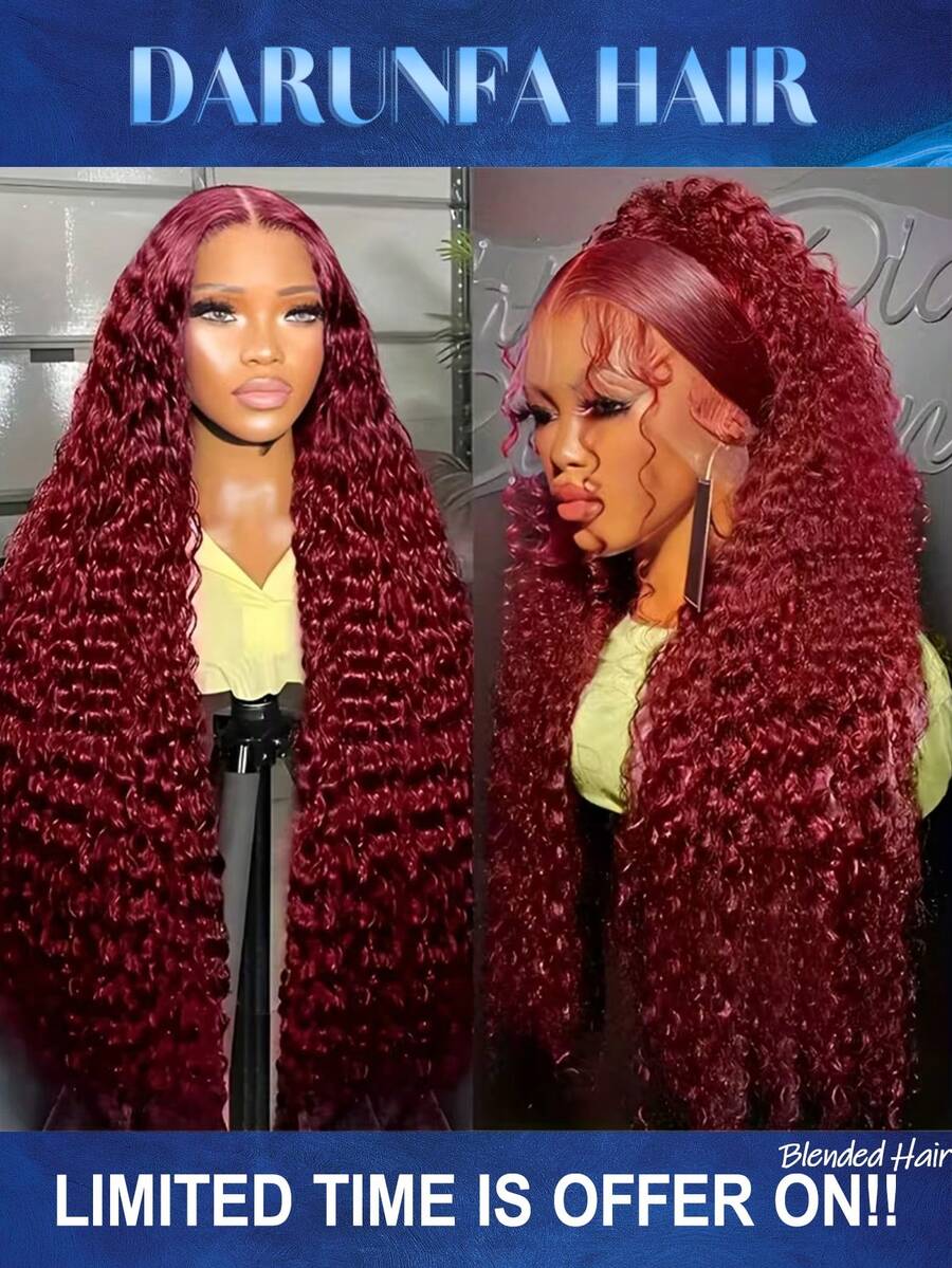 34 Inch Deep Wave Lace Front Wigs Blended Human Hair 13x4 HD Lace Front Wigs Pre Plucked Brazilian Curly Human Hair Wig 200 Density Glueless Frontal Wigs For Black Women #99J Burgundy - SBUG - View 1