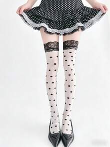 Medias por encima de la rodilla con lunares y encaje negro - Negro - Ver 6