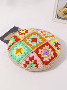 LEAJOURNO. 1pc Women's New Bohemian Style Knitted Crochet Beret Hat, Fashion Versatile Cute Artist Cap, Thick Warm Essential For Autumn/Winter - Khaki - View 2