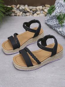 1 Pair Teenage Girls' Black Thick Sole Sandals, Summer Comfortable Lightweight Children's Sandals With Woven Rope, Fashionable Girls' Summer Sandals Suitable For School And Daily Wear - Black - View 4