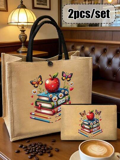 Linen Tote Bag And Small Coin Bag Set With Apple, Books, Pencils Pattern, The Best Gift, Birthday Gift, Portable Casual Storage Handbag, Multifunctional Shopping Bag, Brand New Design, Large Capacity, Ideal Shopping Choice,Suitable For Daily Use,Birthdays, Holidays, Vacation, Beach, Travel,Picnics, Camping, Supermarket, Daily Storage,Teachers, Students, Campus,Mother'S Day Gifts