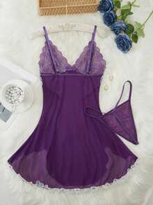 Womens Nightgown Lace Sleepwear Chemise Lingerie Night Gowns Babydoll Sleepshirt JI26 - Purple - View 3