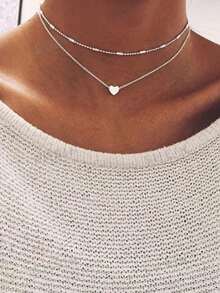 1件多层心形吊坠项链，时尚叠戴颈链，百搭 - 銀色 - 查看 2