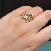 女士三排环绕式可叠戴交叉戒指，奢华18K镀金马眼形切割合成锆石复古派对戒指 - 金色 - 查看 4