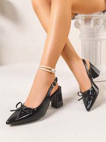 Women's Elegant White Pointed Toe Bowknot High Heel Sandals, Fashion Party Versatile Buckle Chunky Heel Pumps - Black - View 6