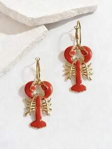 1件春夏度假风珐琅龙虾吊坠C形耳环，时尚优雅女士首饰，海洋主题沙滩戒指，适合度假、送礼、派对 - 金黃色 - 查看 5