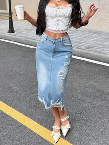 Women's Casual Distressed Frayed Hem Denim Mini Skirt, Summer - Light Wash - View 1