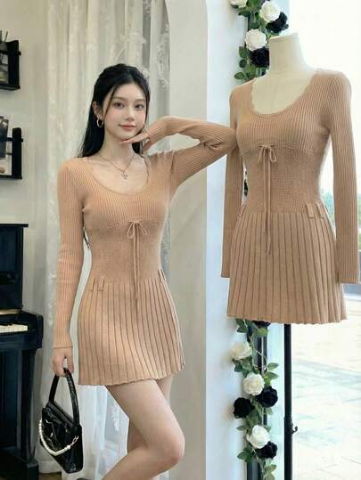  [Y6Y] Women's V-Neck Long Sleeve Knit Dress, Tie-Waist Slim Fit, Suitable For Spring