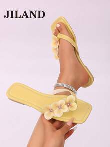 1双女士户外平底凉鞋，夏季露趾度假风黄色拖鞋，百搭简约花卉人字拖凉鞋 - 黃色 - 查看 2