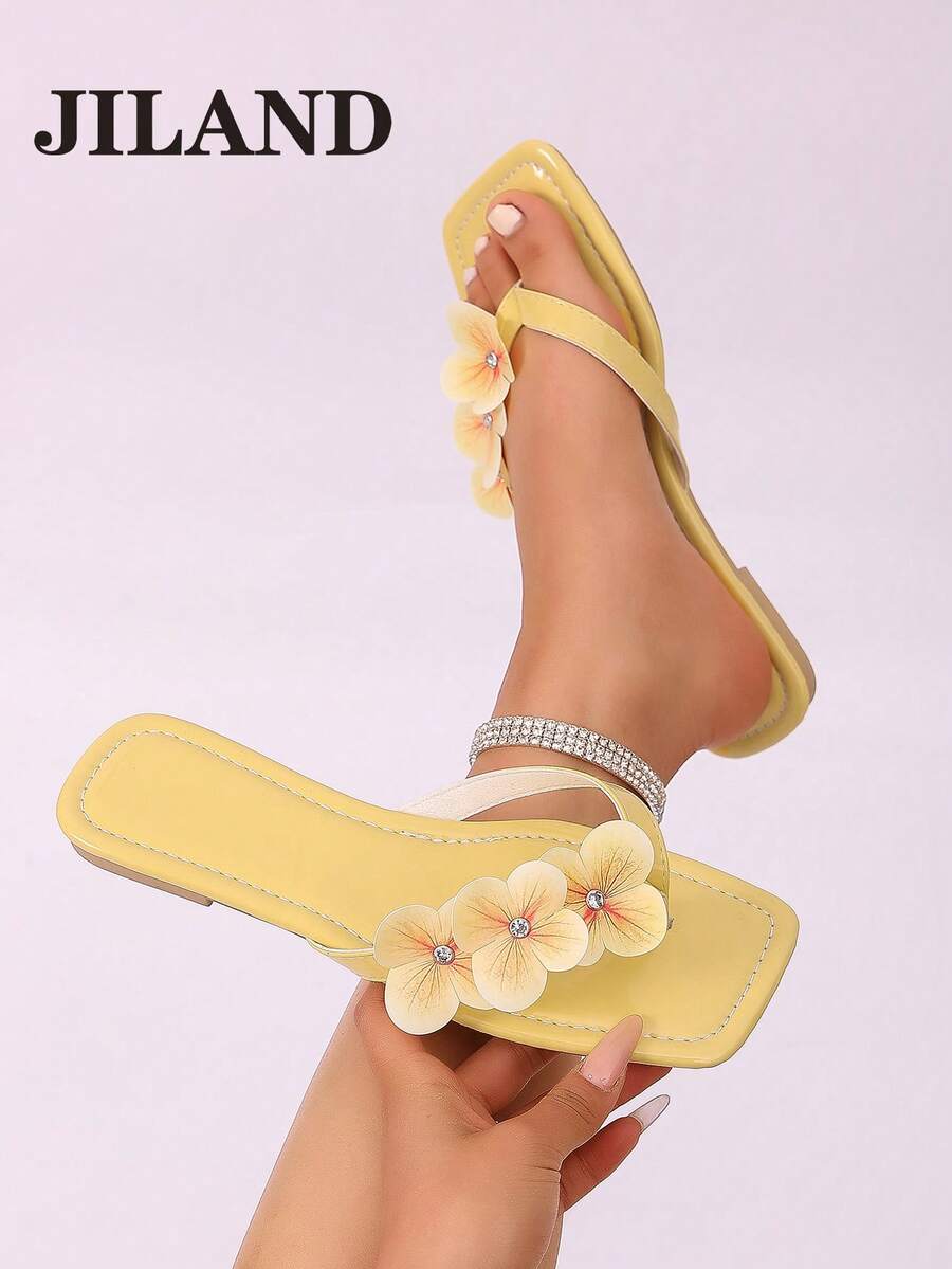 1 đôi dép xăng đan đế bằng ngoài trời dành cho nữ, kiểu dáng hở mũi mùa hè, màu vàng, dép xỏ ngón họa tiết hoa tối giản, đa năng. - Màu vàng - Xem 1