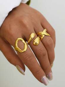 3pcs/1pc Asymmetrical Hollow 18K Gold Stainless Steel Rings, Women Jewelry Accessories, Adjustable Open, Suitable For Daily Decoration, Gifts, Suitable For Valentine's Day, Party, Holiday And Daily Wear - Multicolor - View 3