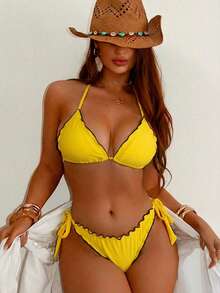 Bikini de 2 piezas para mujer en amarillo soleado con ribete de volantes, bloques de color con ribete negro, ajuste delgado ajustable con múltiples lazos para viajes - Amarillo - Ver 3