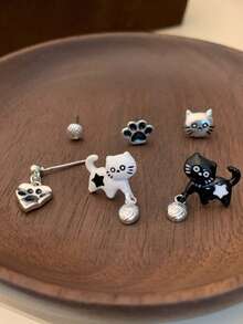 Bộ khuyên tai hình mèo đen ngộ nghĩnh, thời trang mới dành cho nữ, thiết kế hình trái tim và móng vuốt mèo kèm chuông. - Bạc - Xem 4