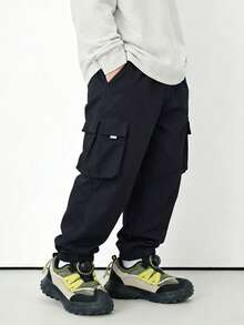 1pc Boys' Black Casual Loose Sweatpants With Side Pockets, Cargo Pants, 4-7 Years Old, Spring/Summer
