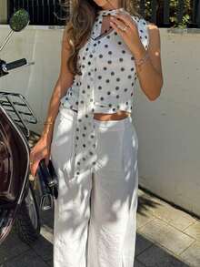 2026 Spring/Summer New Women's Knitted Mesh Polka Dot Asymmetric Shoulder Scarf Elegant Blouse - White - View 5
