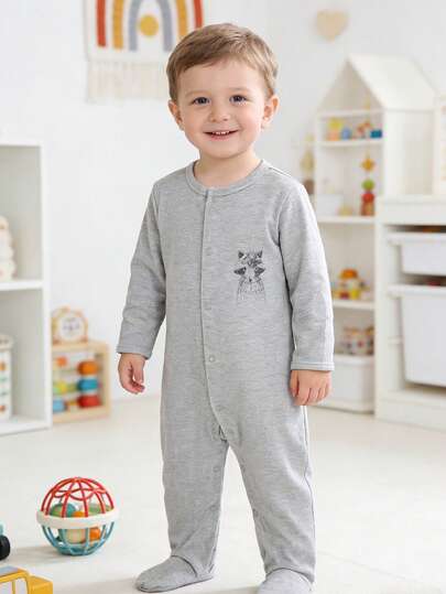 Newborn Baby Indoor & Outdoor Jumpsuit, Long Sleeve, Unisex, Cute Fox Pattern, Comfortable Casual Round Neck Button Jumpsuit, 1-12 Months, Spring/Summer/Autumn/Winter