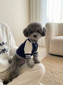 PETSIN 1pc Pet Ins Style Dog Baseball Jacket, Fashionable & Interesting Dog Pocket Embroidery Design, Autumn/Winter Cat Dog Clothes - Navy Blue - View 2