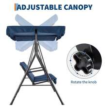 Columpio de exterior de 3 plazas con toldo ajustable y cojines gruesos, banco deslizante con patas antideslizantes y ganchos de resorte resistentes, resistente a los rayos UV, impermeable, capacidad de 227 kg para patio, jardín y patio trasero. - Azul - Ver 8