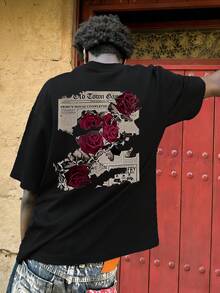 男士夏季时尚简约街头玫瑰元素印花圆领短袖T恤 | 百搭街头休闲日常穿搭，男友/老公礼物