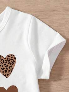 Young Girl Heart Print Short Sleeve T-Shirt And Solid Color Shorts With Waist Tie - Yellow - View 5