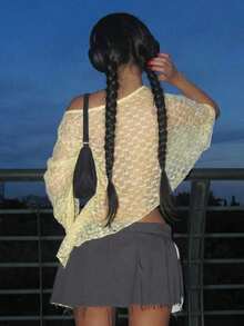 Women's One Shoulder Cropped Top - Sheer Hollow Out Knit Cape Sleeve Blouse For Summer Vacation - Yellow - View 5