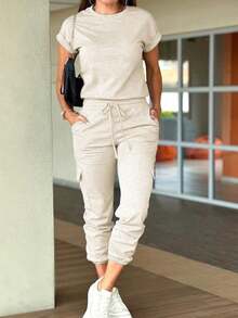 Vaiaye 女士休闲连体裤 - 修身短袖上衣和长裤，适合健身、休闲、性感多功能户外运动，春季长袖罗纹针织连体裤，情人节夏季礼物 - 卡其色 - 查看 8