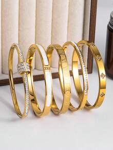 5pcs Titanium Steel Waterproof & Fade-Resistant Women's Fashion Bracelet, 18K Stainless Steel Ladies Jewelry, Gift For Girlfriend/Valentine's Day - Gold - View 3