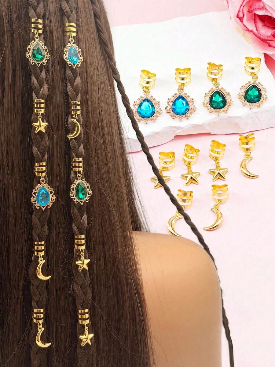 10个宝石月亮星星几何图案编织发圈。编织发饰。适合节日、约会和斋月佩戴。 - 彩色 - 查看 1