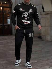 男士休闲街头字母印花圆领长袖卫衣和运动裤，春秋季休闲套装 - 彩色 - 查看 1