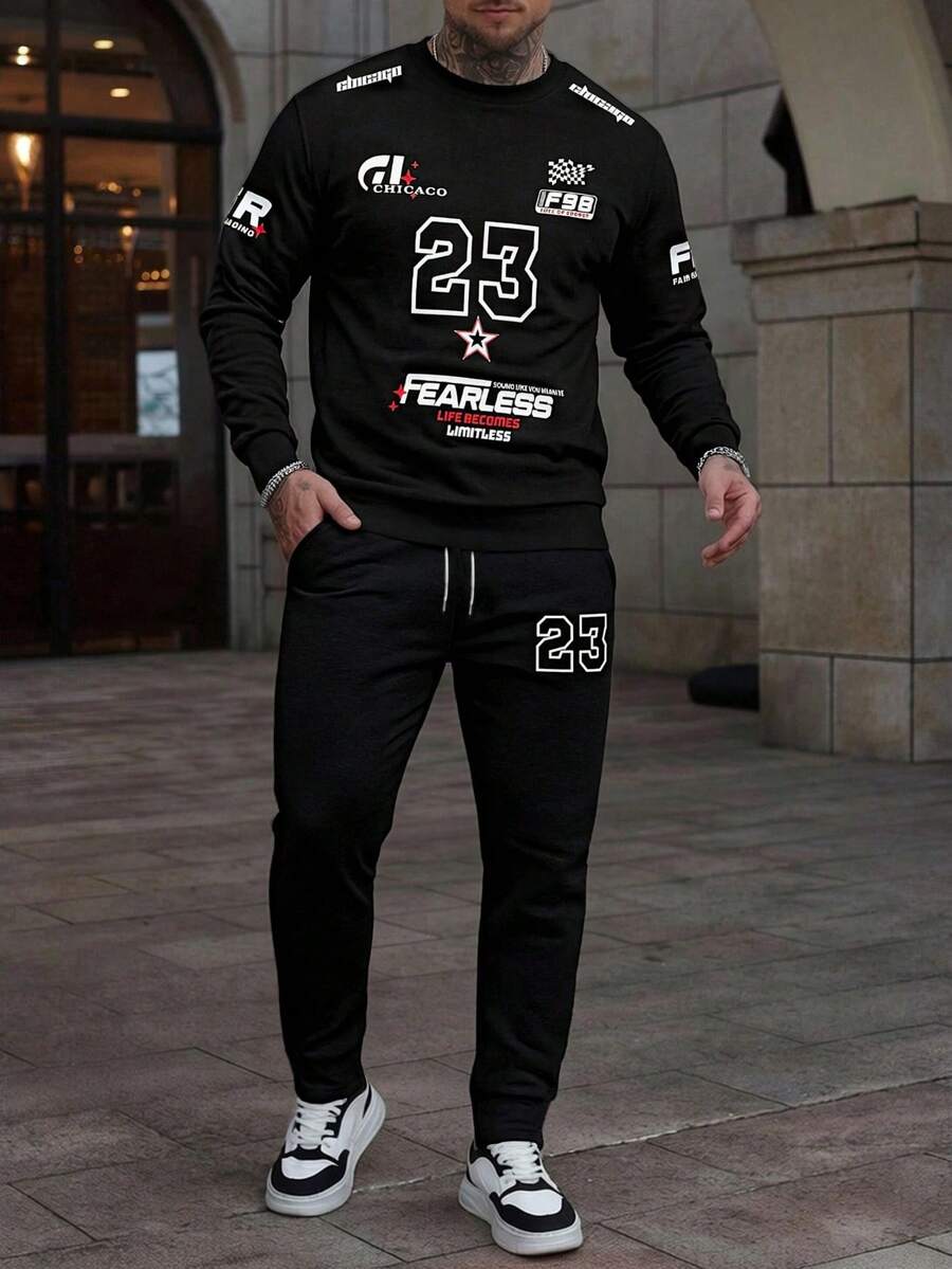 男士休闲街头字母印花圆领长袖卫衣和运动裤，春秋季休闲套装 - 彩色 - 查看 1