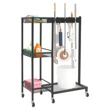 gladney Black Mobile Cleaning Trolley Cart With 6 Swivel Wheels 3 Brakes Vertical Space‑Saving Carbon Steel Organizer With 3 Baskets Hooks Mesh Panels And Raised Guardrails - Black - View 8
