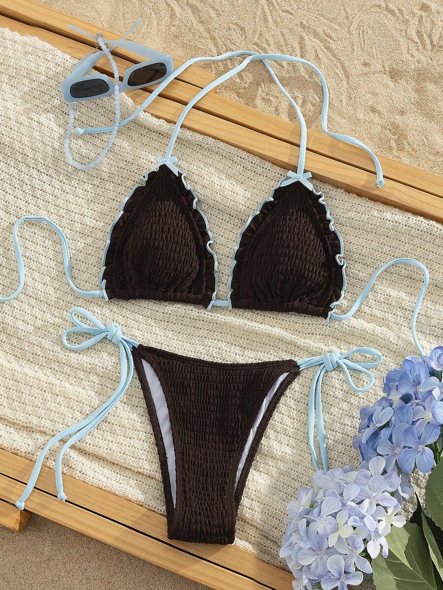 Bộ bikini 2 mảnh gợi cảm năm 2026, với chất liệu vải có họa tiết và viền bèo nhún, thiết kế viền tương phản, hoàn hảo cho kỳ nghỉ biển và tiệc bể bơi, đồ bơi thời trang thiết yếu, dây đeo vai có thể điều chỉnh, kiểu dáng ôm sát, tôn lên vẻ quyến rũ nữ tính. - màu nâu - Xem 1