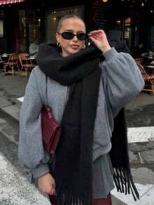 1pc Women's White Winter Tassel Scarf, Versatile Wear As Headscarf, Shawl Or Scarf, Women's Gift, Warm And Windproof Multi-Functional Scarf, Suitable For Daily, Travel And Other Occasions - Black - View 1