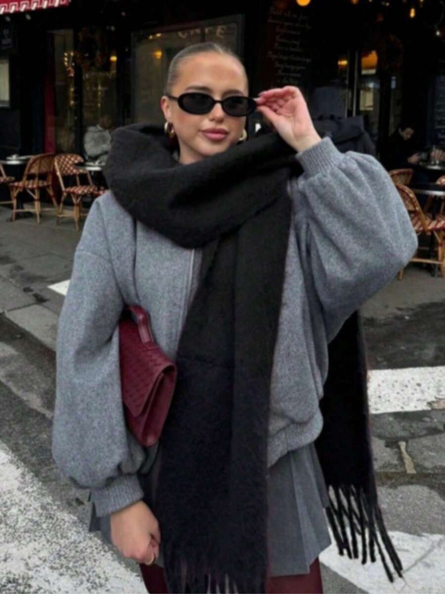 1pc Women's White Winter Tassel Scarf, Versatile Wear As Headscarf, Shawl Or Scarf, Women's Gift, Warm And Windproof Multi-Functional Scarf, Suitable For Daily, Travel And Other Occasions - Black - View 1