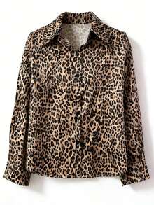 Women's Fashion Leopard Print Collar Long Sleeve Casual Blouse - Brown - View 2