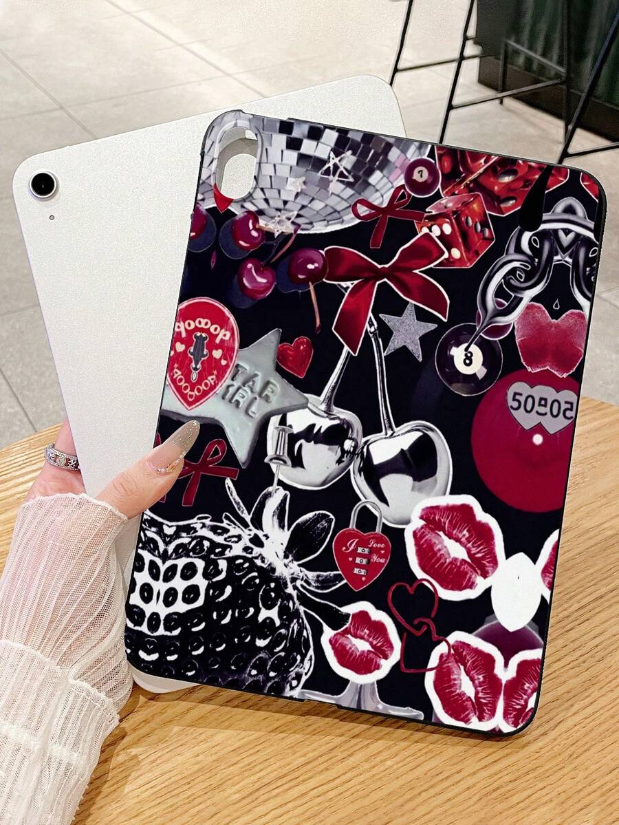 Y2K Baddie Collage iPad哑光黑保护壳，饰有复古迪斯科球、樱桃、红唇、豹纹、蝴蝶结、爱心锁图案，iPad保护套 - 黑色 - 查看 1