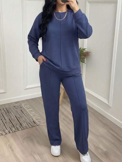 Women's Casual Solid Color Minimalist Crew Neck Long Sleeve Top, Paired With Women's Casual Solid Color Minimalist Crew Neck Long Sleeve Top