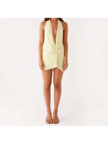 Women Summer Mesh Mini Dress Halter V Neck Backless Short Dress A Line Going Out Party Cocktail Dresses - 黃色 - 查看 6