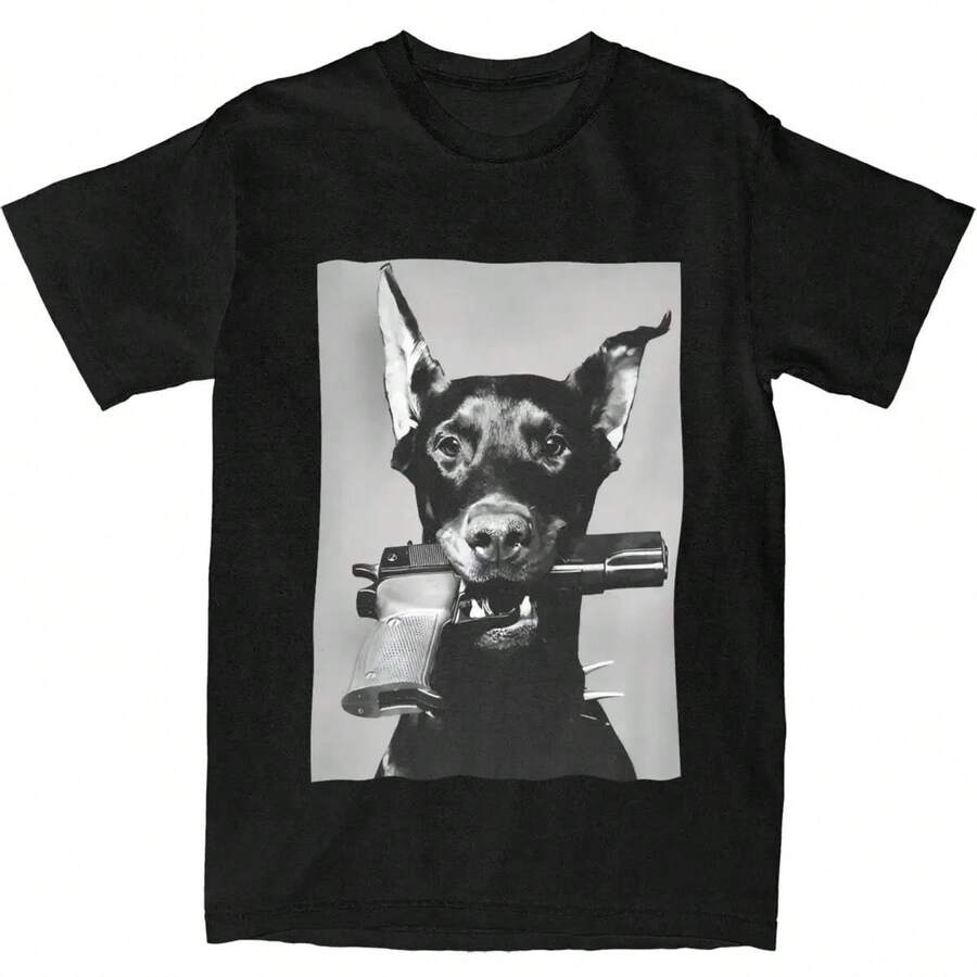 Camiseta de Doberman Sosteniendo Pistola, Camisetas de Ocio para Perros, Manga Corta, Camiseta Impresionante de Verano, Algodón, Cuello Redondo, Ropa de Talla Grande - Negro - Ver 1
