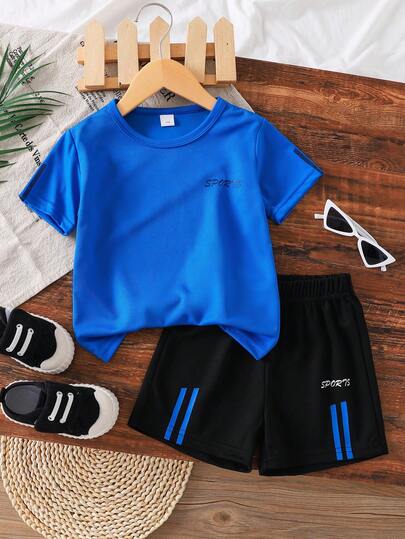 2pcs/Set Kids Summer Mesh Sports Letter Print Round Neck Short Sleeve T-Shirt And Shorts Set, 3-7 Years Old, Sports, Casual, Outdoor Activities