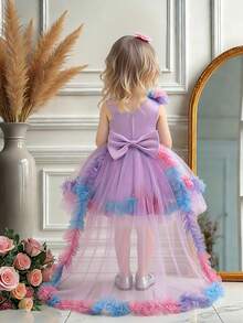 女婴亮片网纱蝴蝶结不对称露肩拖地公主裙，适合派对、婚礼、生日等场合，不含头饰 - 淡紫色 - 查看 1