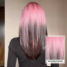 [Popular Choice] 20-Inch Long Straight Pink Gradient Black Wig With Bangs, Synthetic Women's Hair For Daily Use, Parties, Cosplay, Music Festivals, Halloween, And Christmas - Ombre - View 7