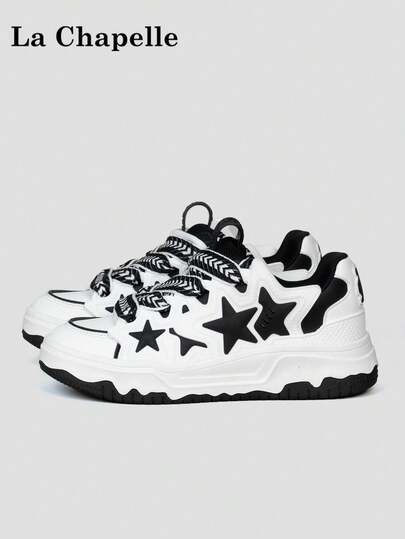 1 Pair La Chapelle Women's Thick Sole Lace-Up Soft Bottom Casual Shoes, Low-Top Outdoor Flat Shoes For Summer, Round Toe Low Heel Non-Slip Solid Color Elegant Soft Bottom Hiking Suitable For Students Graduation Photos Flat Shoes, Women Low-Top Leather Sneakers