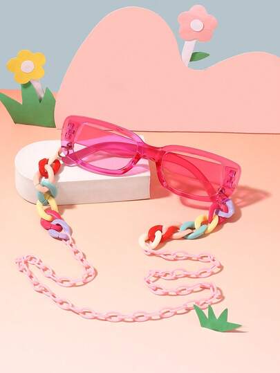 1 Pc Boy's And Girl's 5-10Y Rectangle Frame Fashion Glasses Sweet And Cool Style Classic Business Fashionable Glasses 1 Pc Eyeglass Chain For Outdoor Travel With Glasses Box