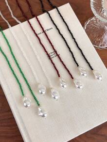 1pc French Retro Unique Asymmetric Pearl & Black Crystal Necklace, Multi-Wear Collarbones Chain, Ins Style Women Necklace - Necklace - View 6