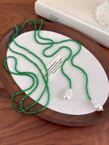 1pc French Retro Unique Asymmetric Pearl & Black Crystal Necklace, Multi-Wear Collarbones Chain, Ins Style Women Necklace - Necklace - View 12