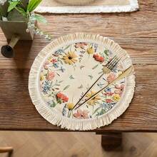 1/4/6pcs Spring And Summer Collection, Floral And Leaf Print With Butterfly Design Linen Table Mat/Coffee Cup Coaster - Multicolor - View 3