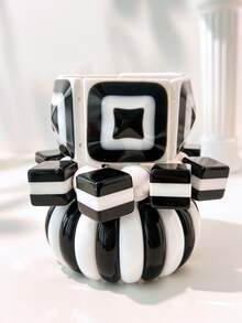 Brazalete clásico retro de contraste blanco y negro, diseño geométrico cuadrado único, accesorio de mujer versátil, adecuado para superposición y uso diario - Multicolor - Ver 2
